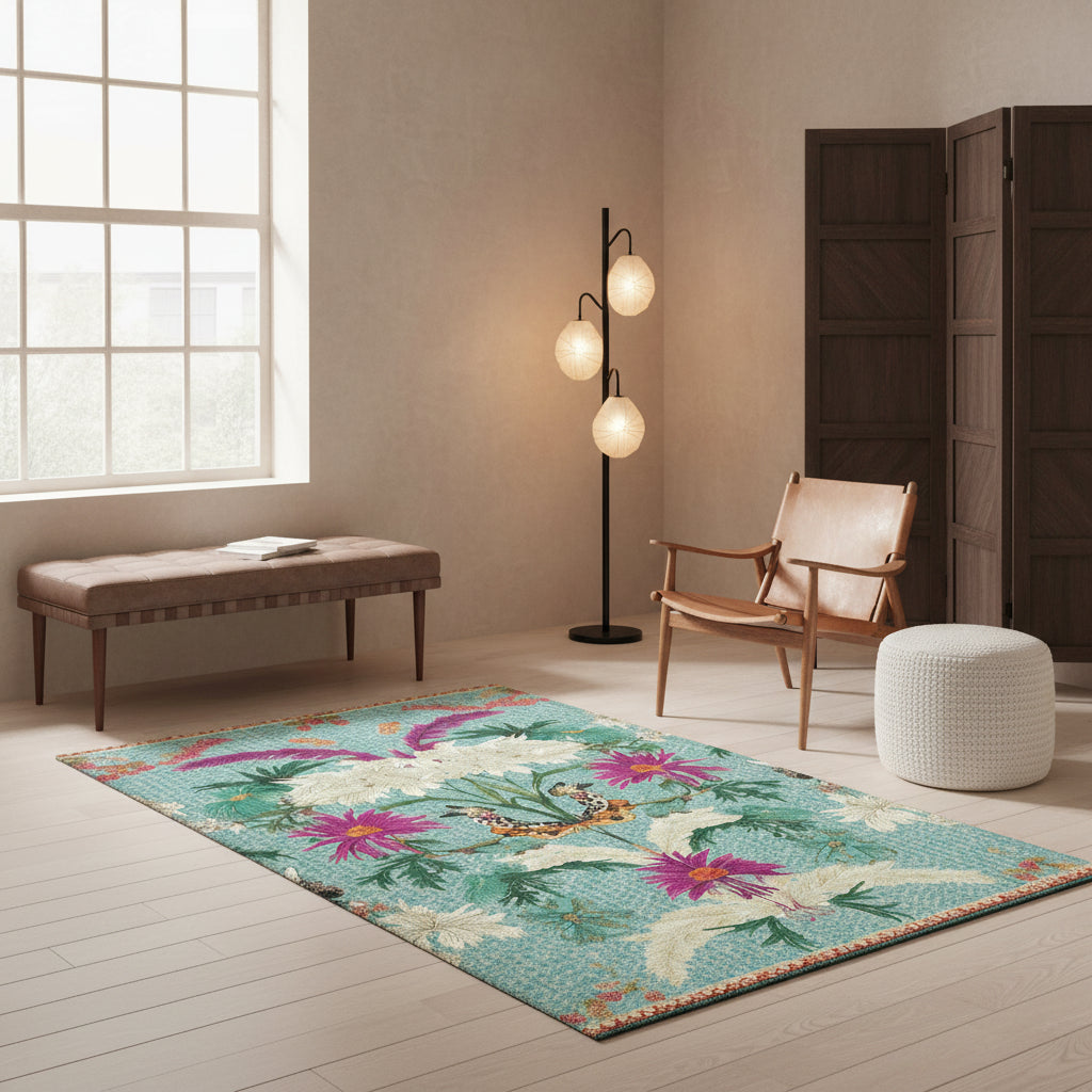 Decorative rug with floral and butterfly pattern on a teal background