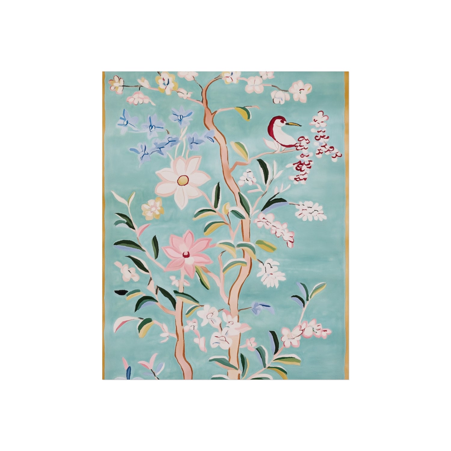 Sky Blue Chinoiserie Birds and Floral Scene Fine Art Poster