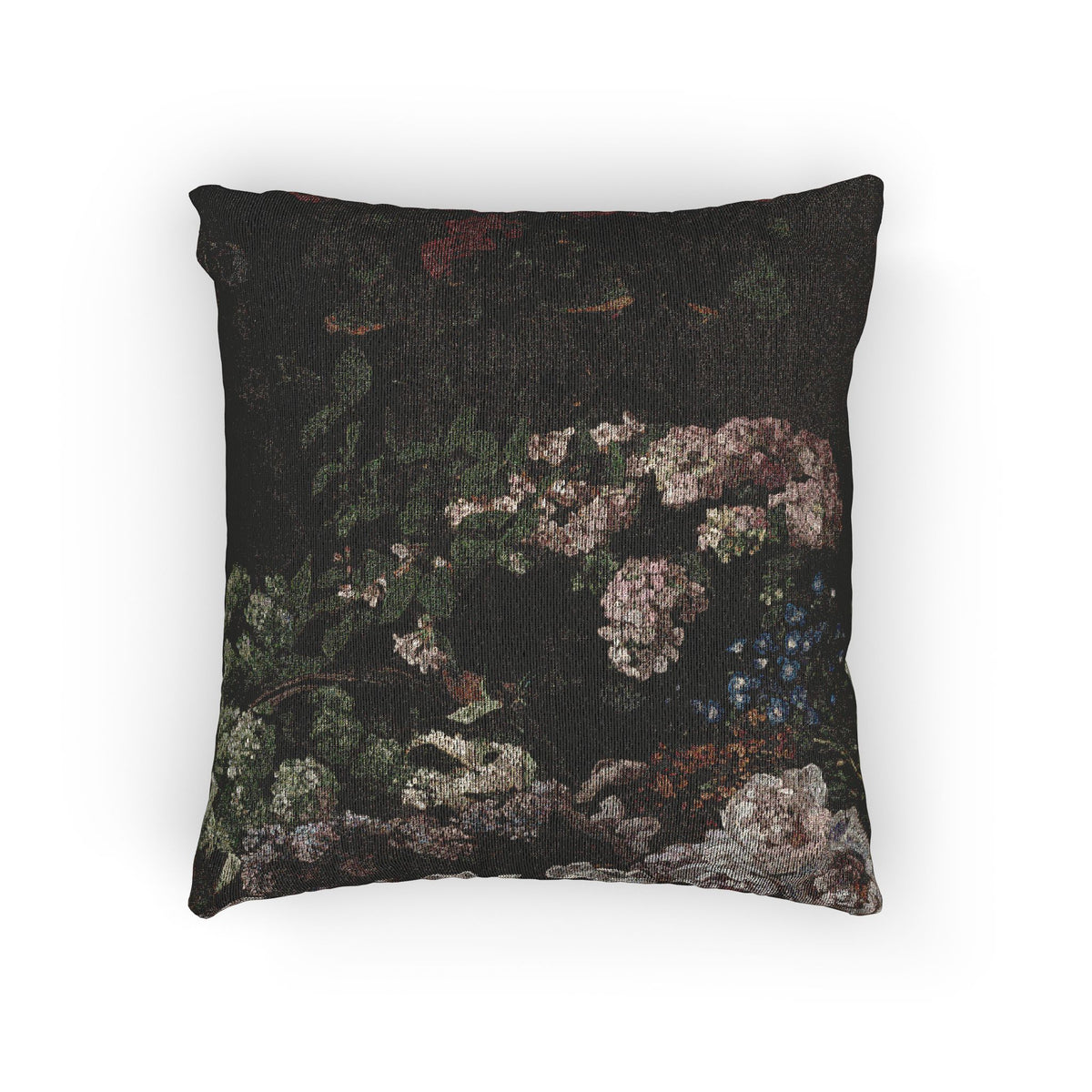 A square throw pillow featuring a dark, vintage-style botanical tapestry print with pink and white flowers, green leaves, and small birds on a black background, shown against a plain white studio backdrop.
