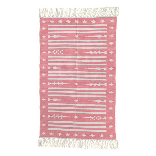 Handwoven Pink and White Traditional Cotton Rug with Fringes
