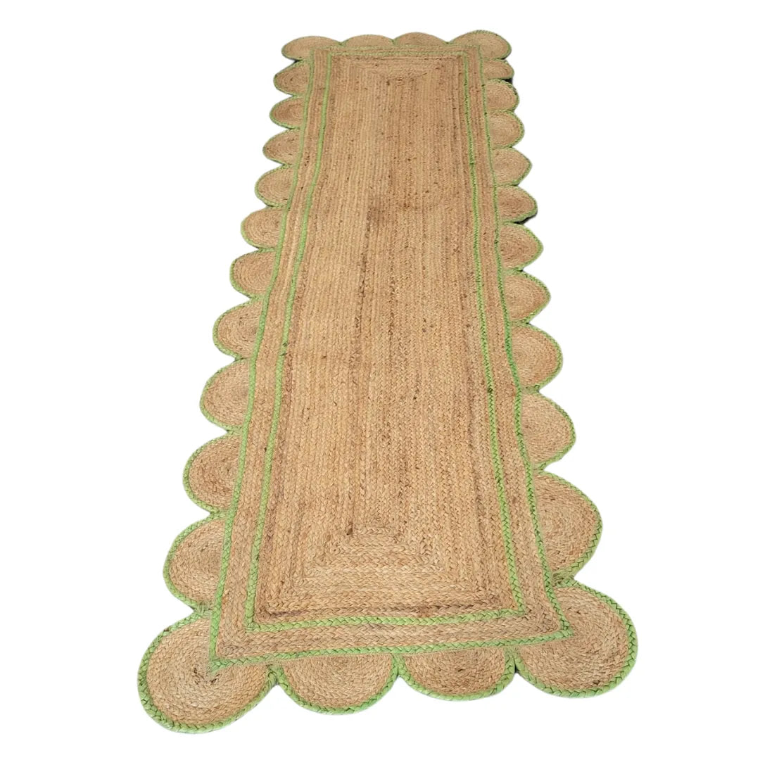 Light Green Handmade Scalloped Border Jute Rug 2.5' x 8'