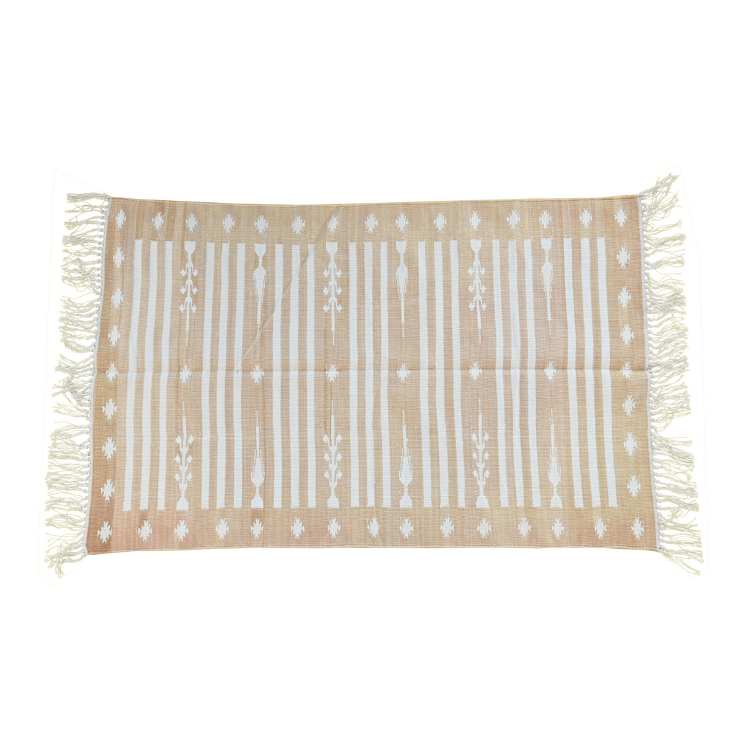 Enhance your space with understated elegance using the "Handwoven Light Taupe and White Traditional Cotton Rug with Fringes." Its classic traditional design in light taupe and white exudes sophistication and charm, while the fringes add a touch of whimsy. Handcrafted with care, this rug brings both style and comfort to any room in your home.