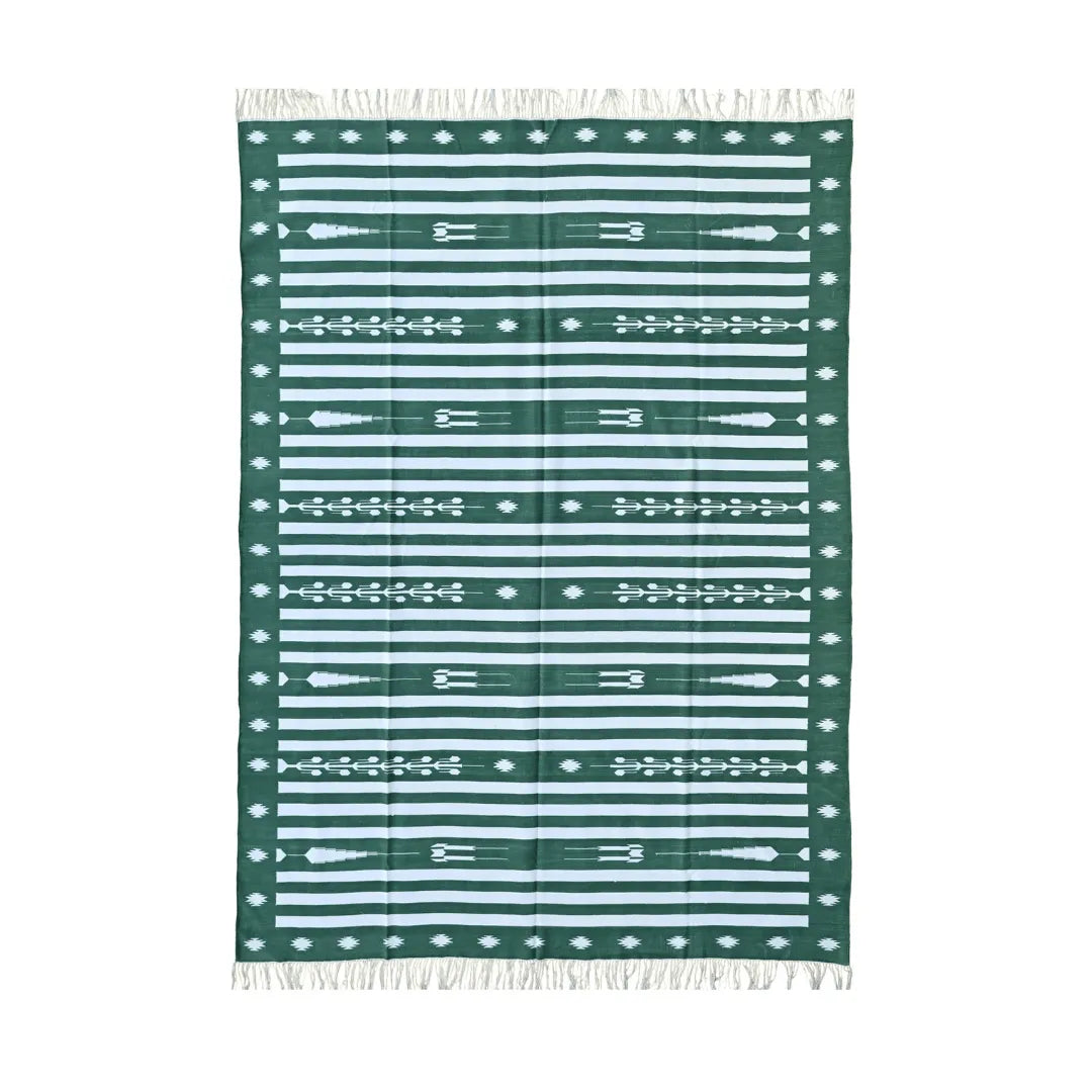 Handwoven Green and White Traditional Cotton Rug with Fringes