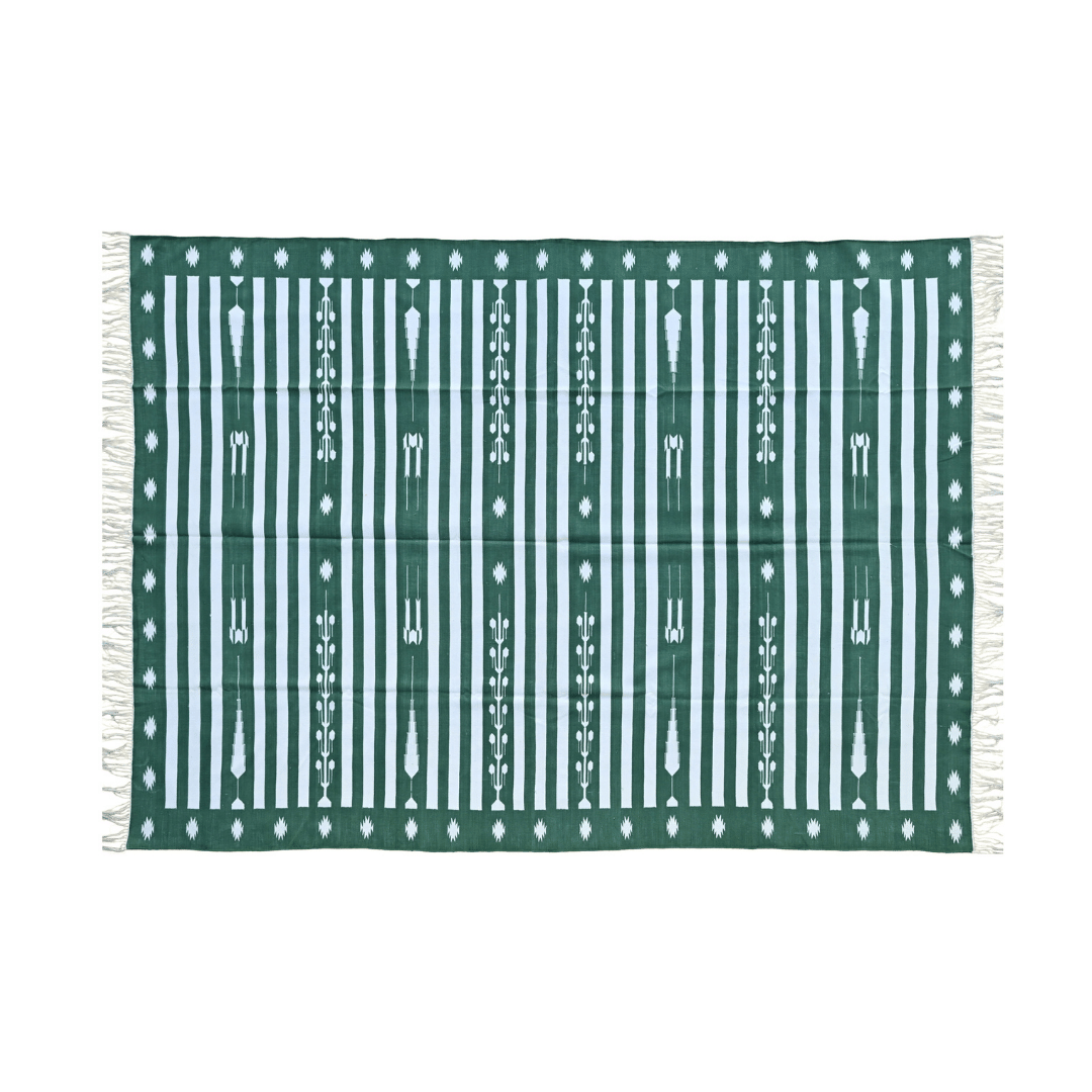 Introduce a touch of classic charm to your space with the "Handwoven Green and White Traditional Cotton Rug with Fringes." Its timeless traditional design in green and white exudes elegance and sophistication, while the fringes add a playful accent. Handcrafted with care, this rug brings both style and comfort to any room in your home.