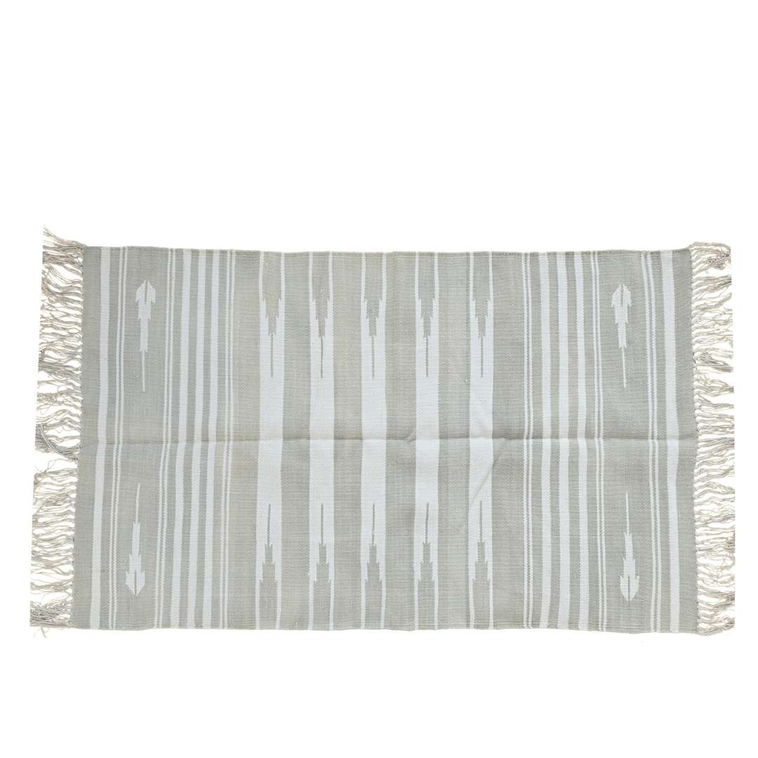Handwoven Gray and  White Stripe Cotton Rug with Fringes