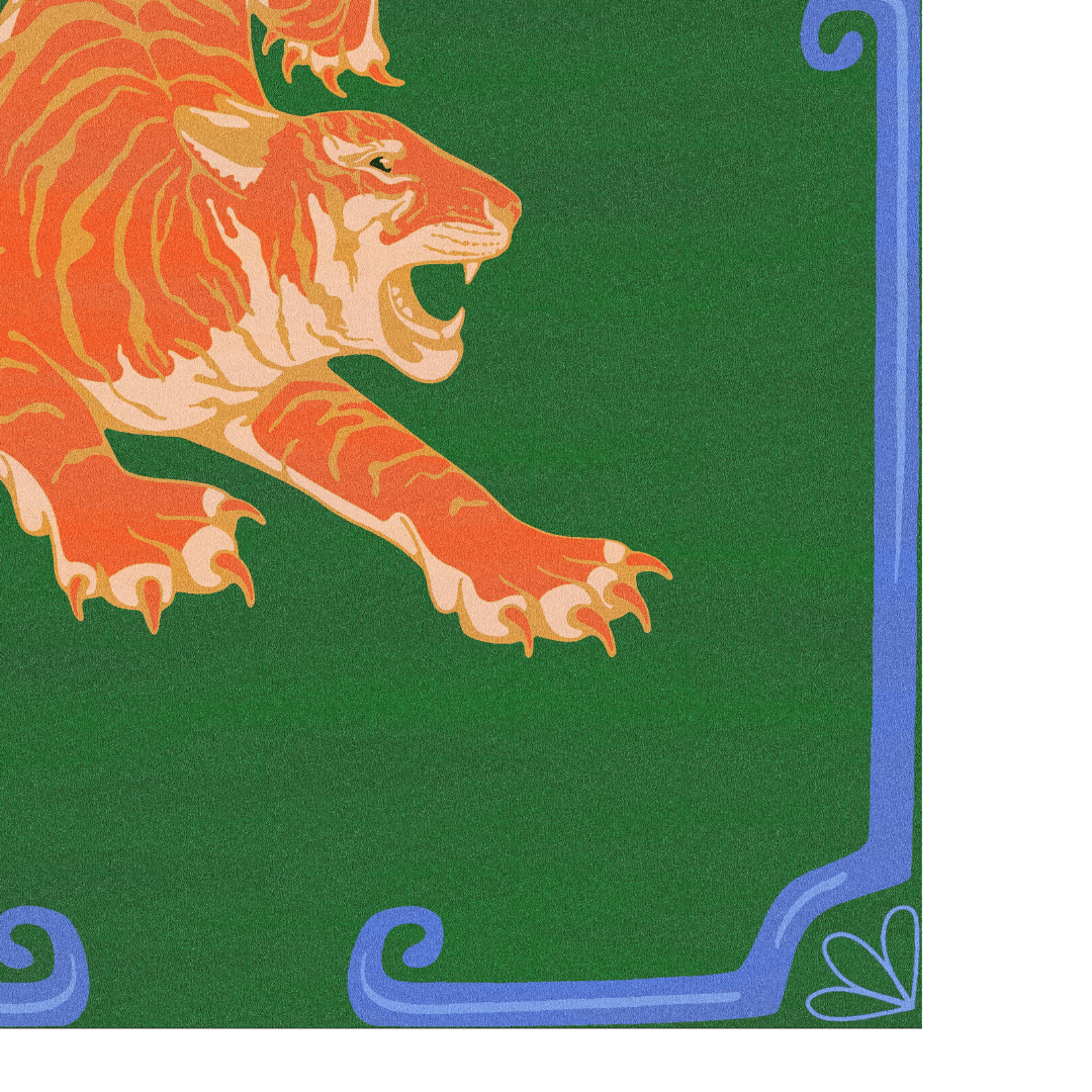 This hand-tufted rug features a vibrant design with an orange tiger pattern set against a dark green background. The rug is made with high-quality materials and craftsmanship, providing both visual appeal and a tactile experience. The orange tiger design adds a bold and unique touch to any space, making it an eye-catching and stylish addition to your home decor. 