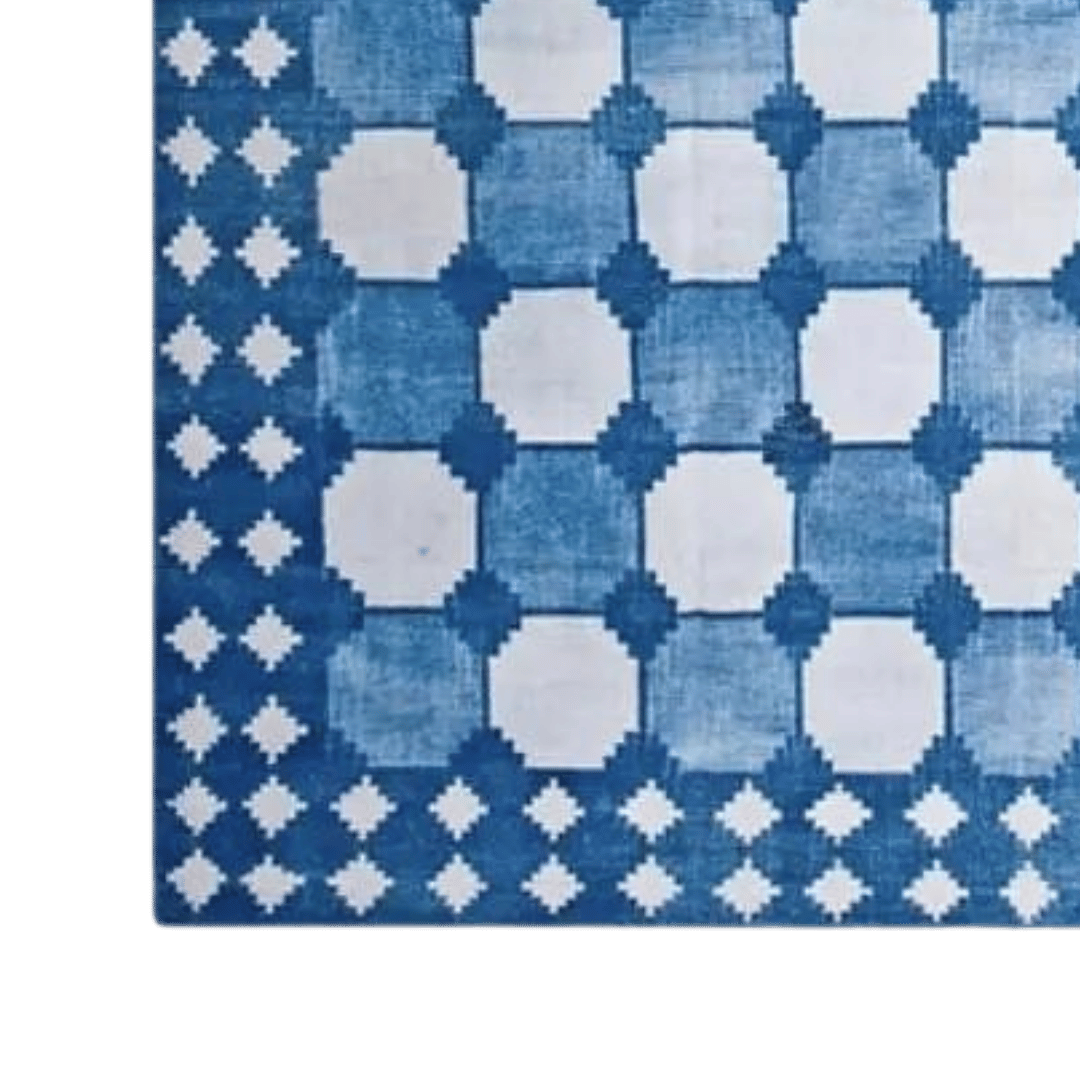 White and Blue Classic Dhurrie Cotton Rug