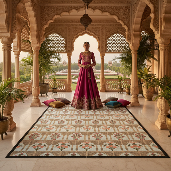 Woman in a traditional pink and gold outfit standing in an ornate room with a large patterned rug.