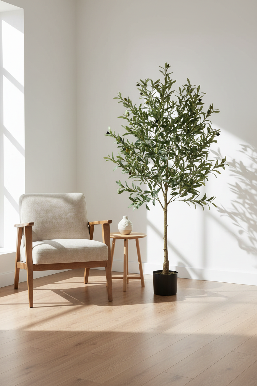 A tall artificial olive tree in a black pot stands in a bright room next to a light beige armchair and a small wooden side table with a white vase.