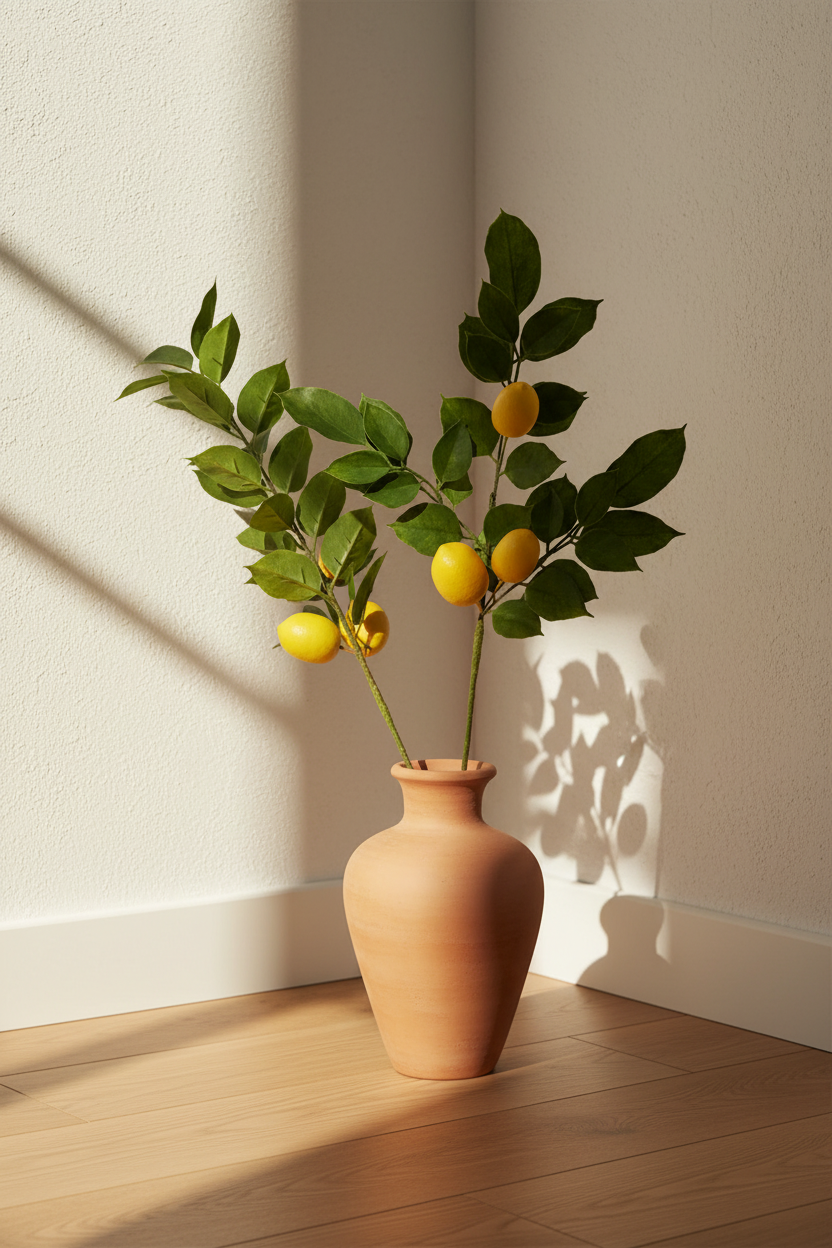 Artificial lemon branch set with yellow fruit and green leaves in a terracotta vase.