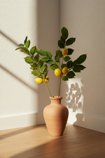 Artificial lemon branch set with yellow fruit and green leaves in a terracotta vase.