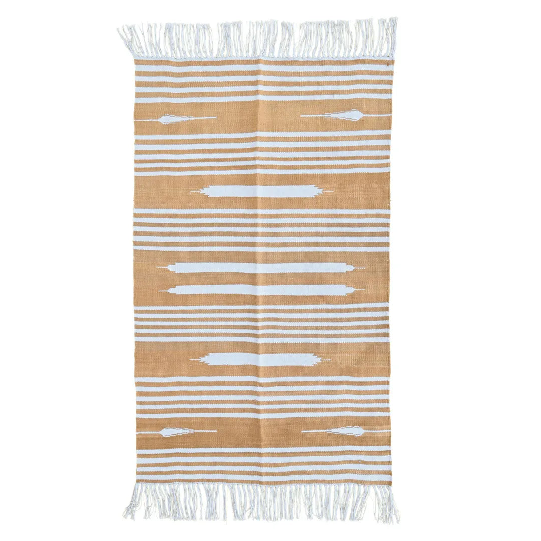 Handwoven Cafe Au Lait and White Stripe Cotton Rug with Fringes