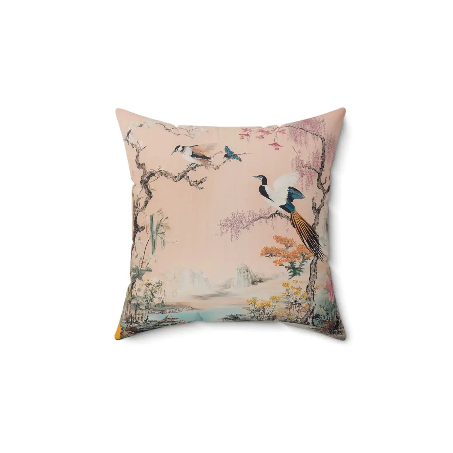 Serene Oriental Birdscape Throw Pillow