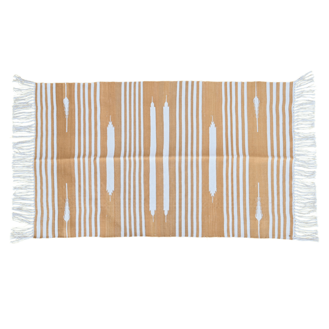 Handwoven Cafe Au Lait and  White Stripe Cotton Rug with Fringes