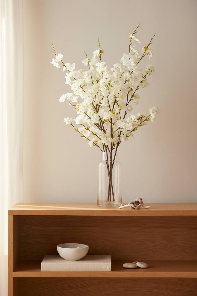 Faux cherry blossom stems with white flowers in a clear glass vase on a wooden console shelf.
