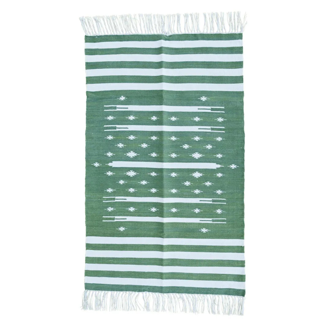 Handwoven Green and White Stripe Traditional Cotton Rug with Fringes