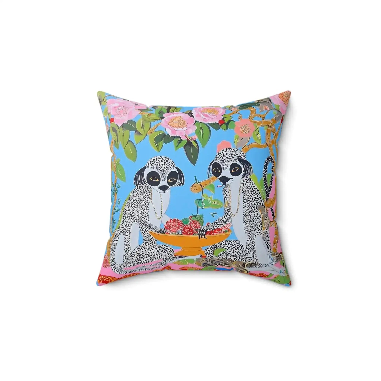 Maximalist Floral Monkeys Throw Pillow