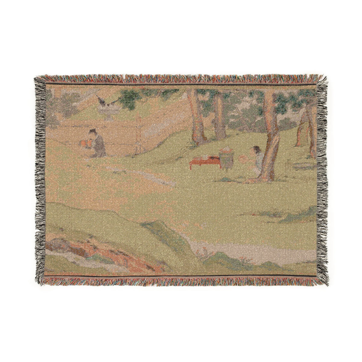 A rectangular woven throw blanket featuring a Japanese-style landscape print with trees, figures, and a bench, finished with fringed edges on all sides.