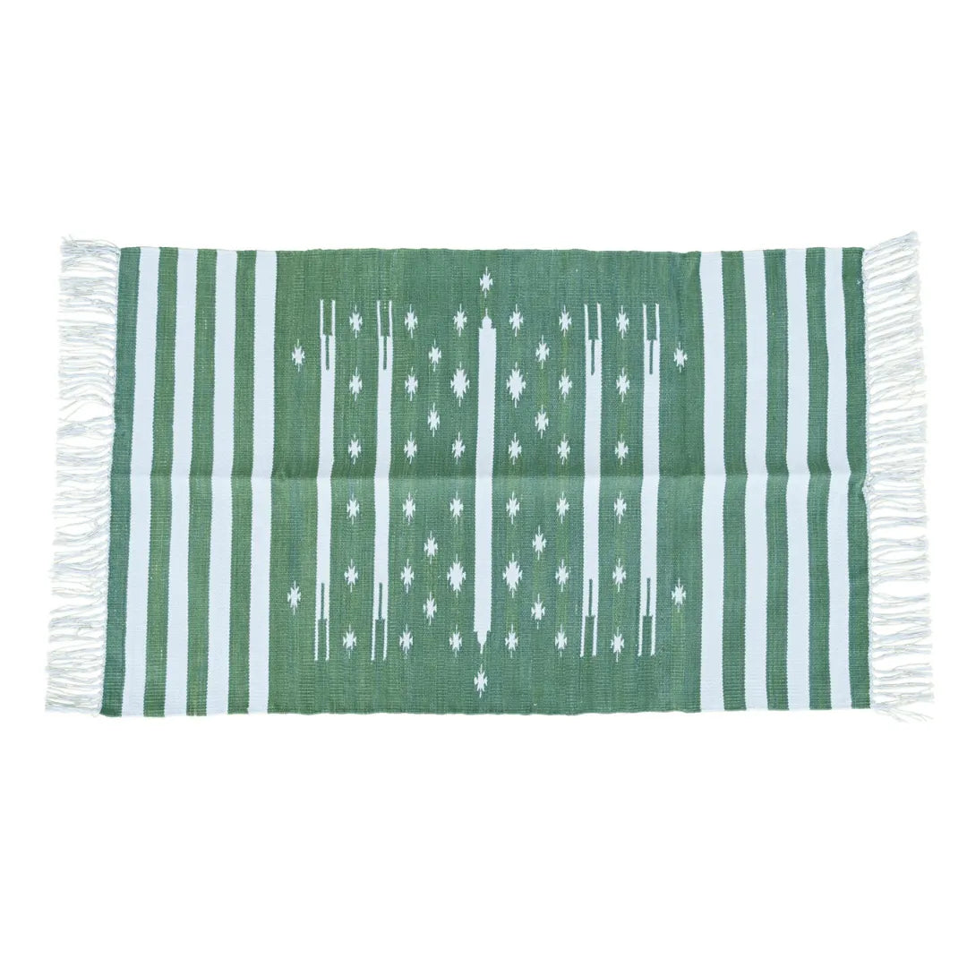 Handwoven Green and White Stripe Traditional Cotton Rug with Fringes