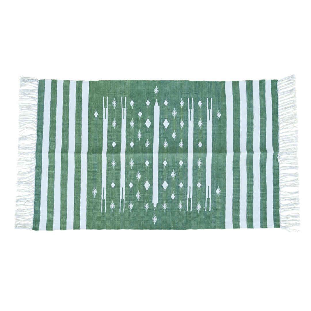 Elevate your space with the timeless charm of the "Handwoven Green and White Stripe Traditional Cotton Rug with Fringes." Its classic stripe pattern in green and white hues exudes elegance and sophistication, while the fringes add a playful accent. Handcrafted with care, this rug brings both style and comfort to any room in your home.