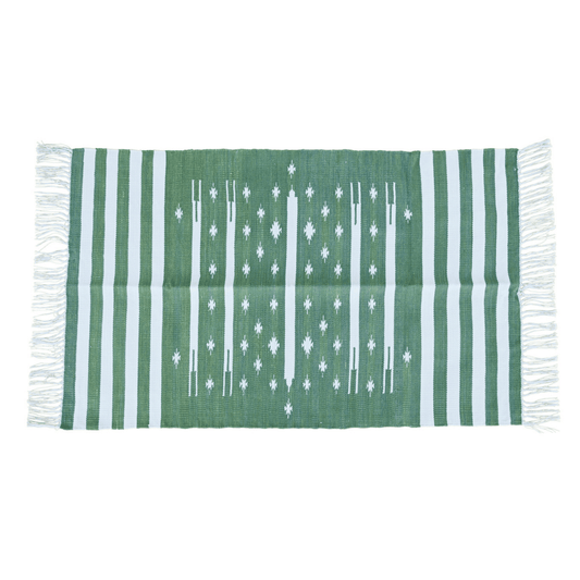 Handwoven Green and White Stripe Traditional Cotton Rug with Fringes