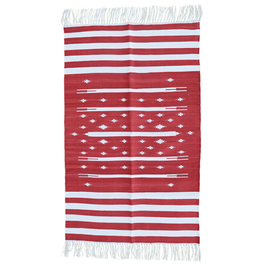 Handwoven Red and White Stripe Traditional Cotton Rug with Fringes