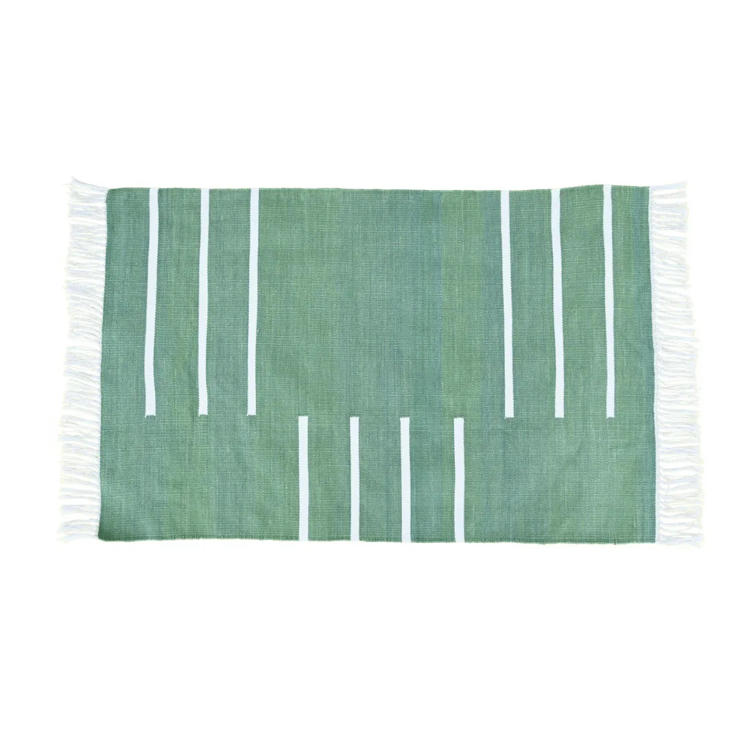 Handwoven Green and White Minimalistic Cotton Rug with Fringes