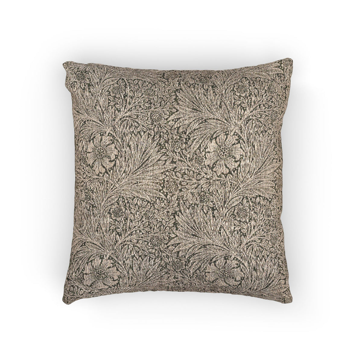 A square decorative throw pillow featuring an intricate, dense botanical pattern in shades of taupe, gray, and brown on a white background.