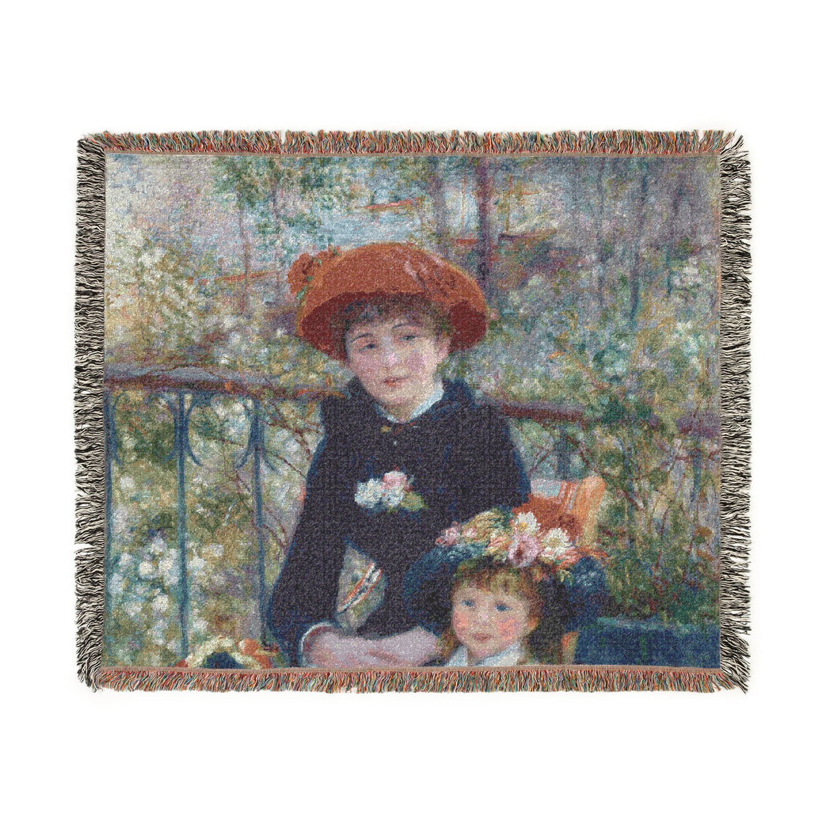 A woven throw blanket featuring an impressionist painting of two women in a garden, with fringed edges, shown against a plain white background.