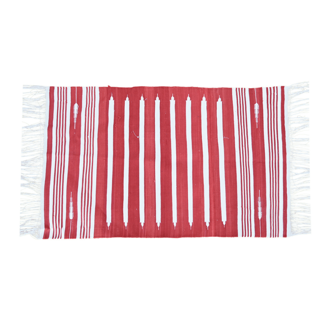 Elevate your space with the simple yet stylish "Handwoven Red and White Stripe Minimalistic Cotton Rug with Fringes." Its clean lines and minimalist design in red and white exude modern sophistication, while the fringes add a playful touch. Handcrafted with care, this rug brings both elegance and comfort to any room in your home.