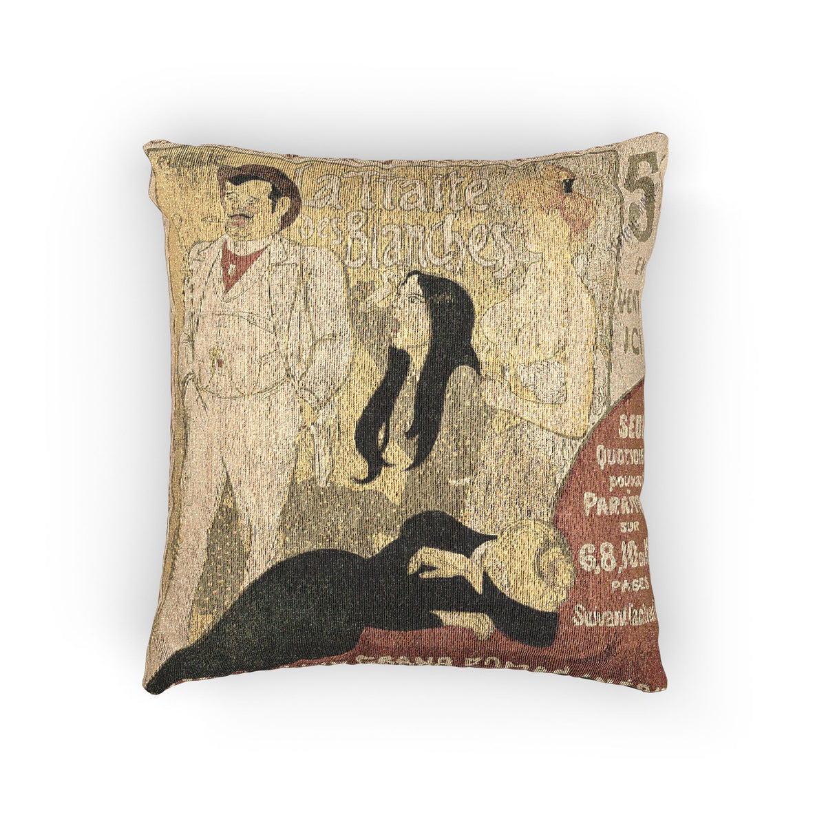 A square decorative throw pillow featuring a vintage-style illustrated print with figures and text, shown against a plain white background.
