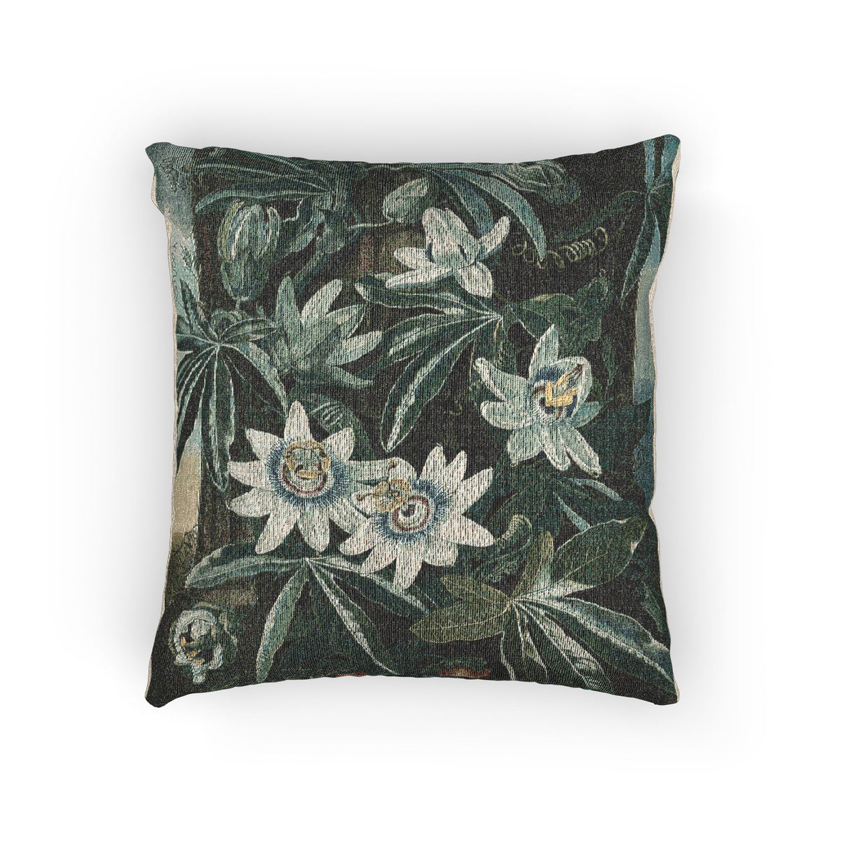 A square decorative throw pillow featuring a botanical tapestry-style print of white flowers and green leaves on a dark background, shown against a plain white studio backdrop.