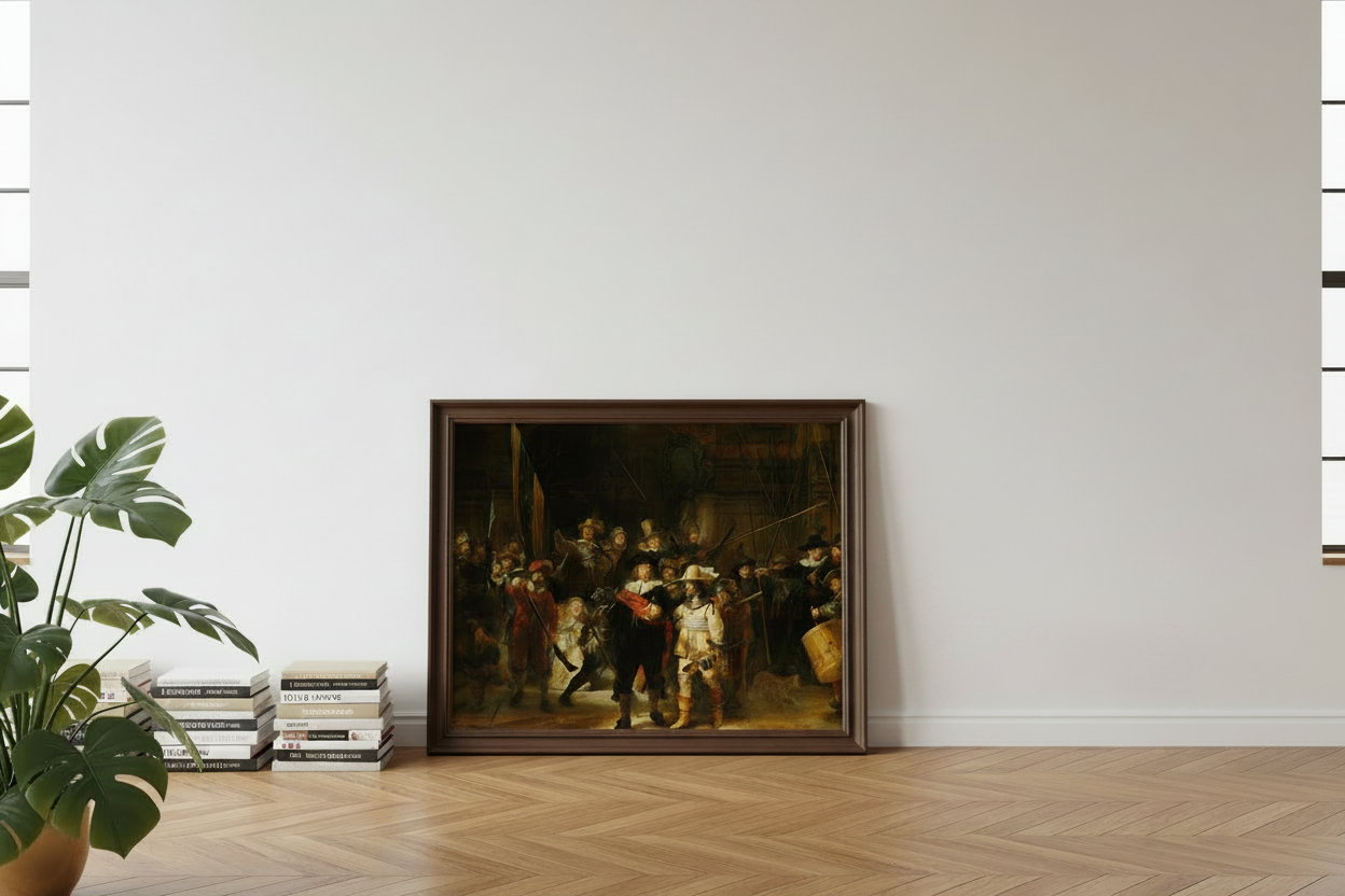 A framed classical painting depicting a historical street scene with figures, leaning against a white wall on a light wood herringbone floor, with a potted plant and books nearby.