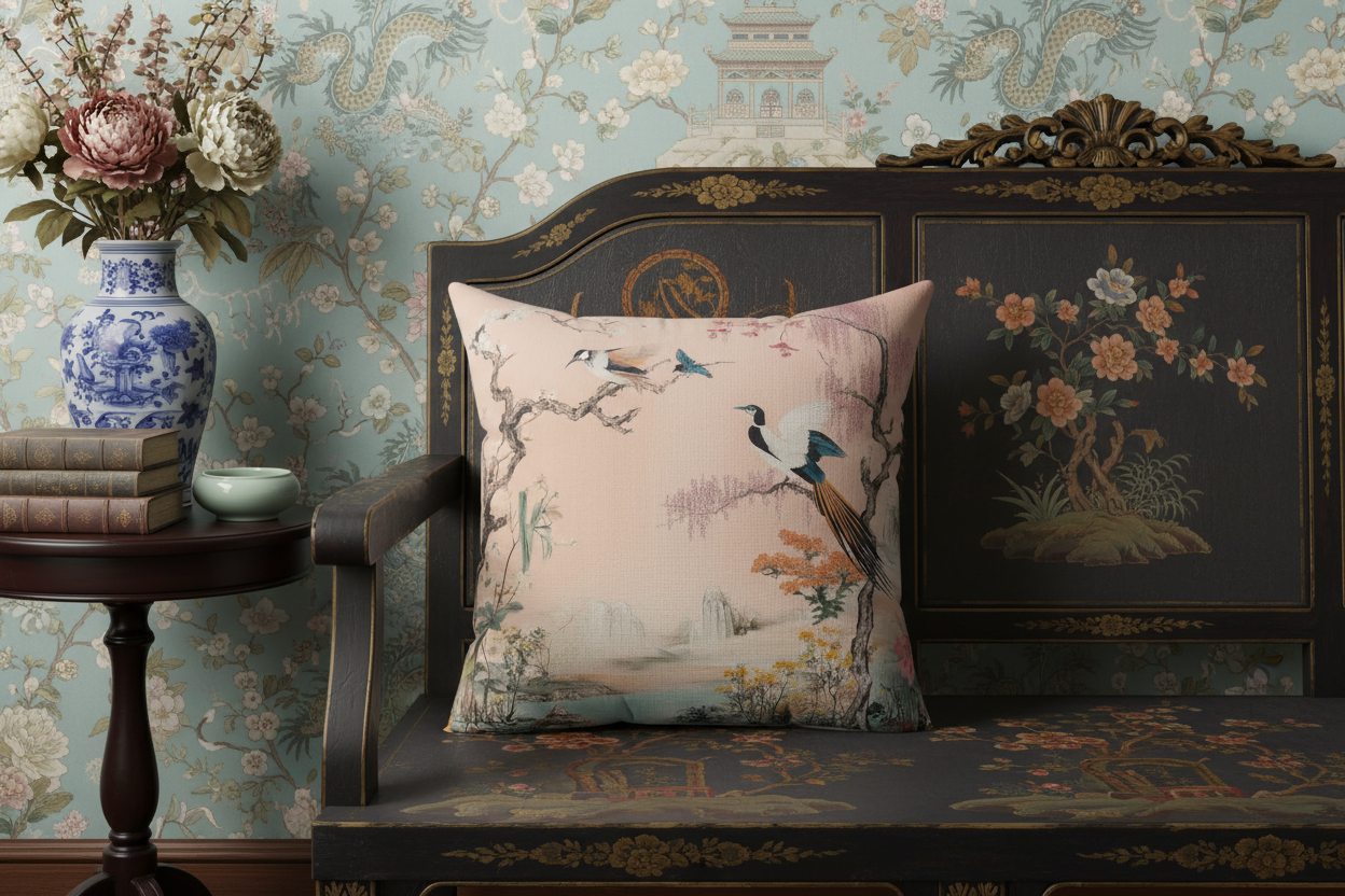 Serene Oriental Birdscape Throw Pillow