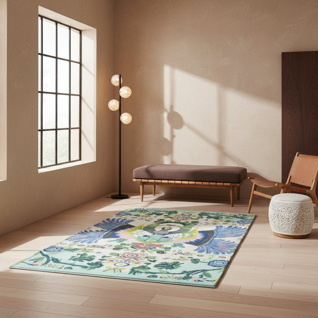 Decorative rug with peacock design and floral patterns on a light blue background