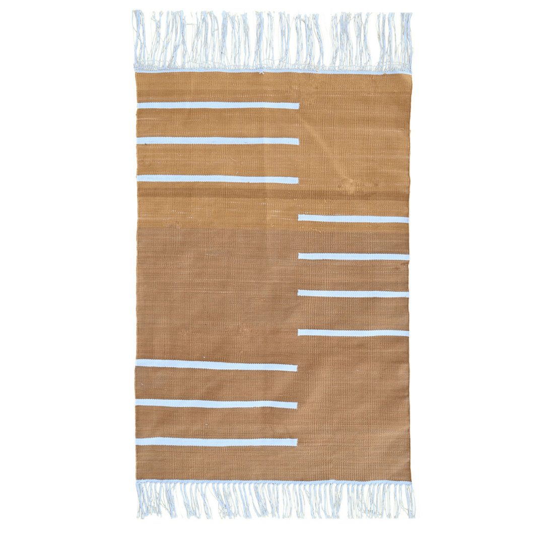 Handwoven Turmeric and White Minimalistic Cotton Rug with Fringes