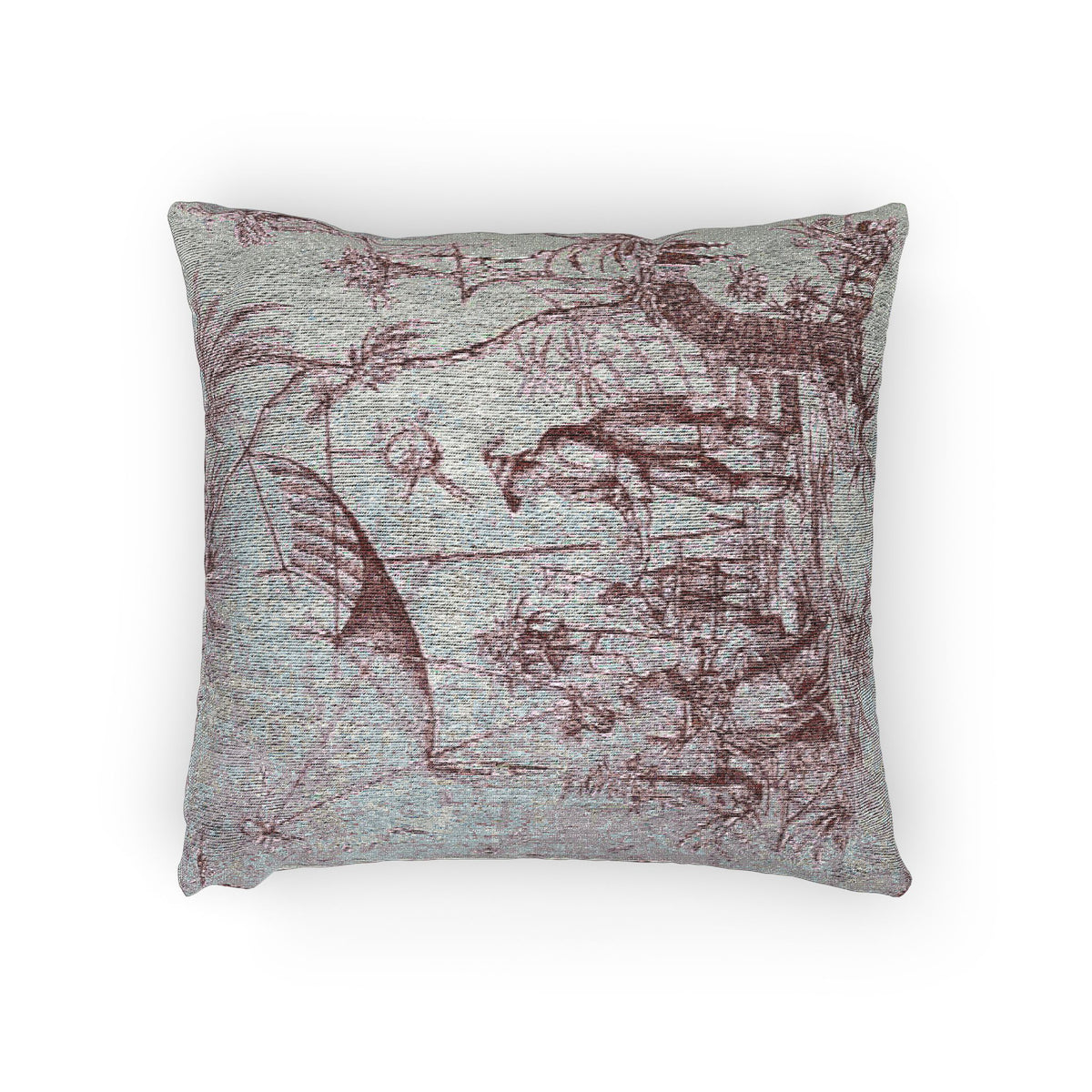 A square decorative throw pillow featuring a vintage-style toile de Jouy pattern in dusty rose and gray on a white background.