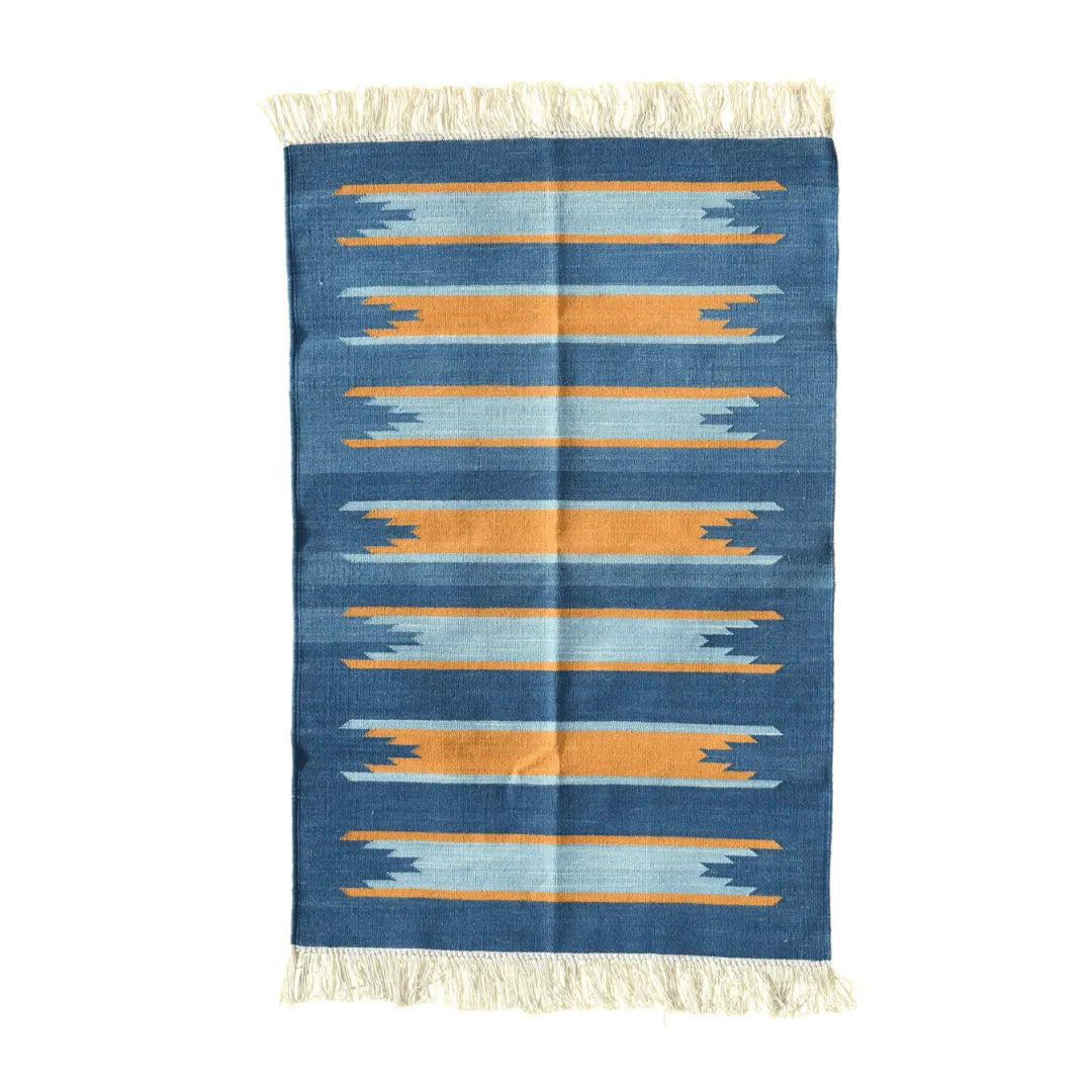 Handwoven Earth and Ocean Cotton Rug with Fringes