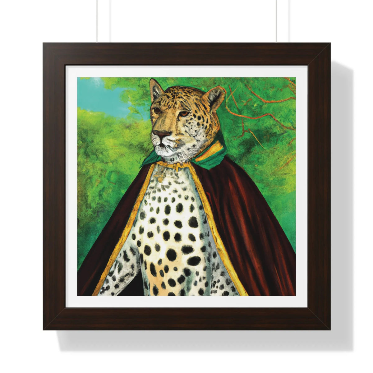 Royal Leopard in Red Robe Framed Poster Wall Art 16″ x 16″ Walnut