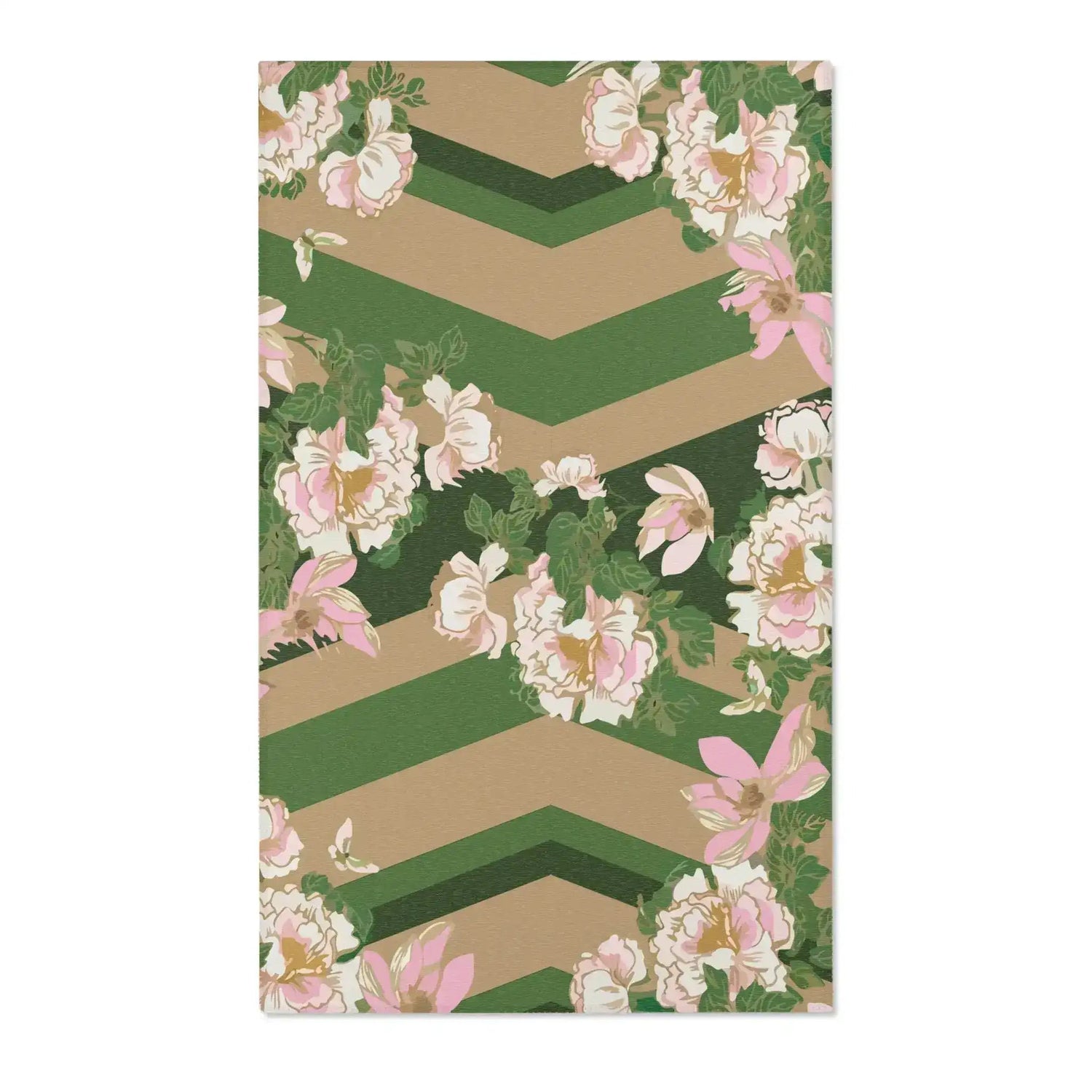 Blush Peonies on Green Chevron Accent Rug