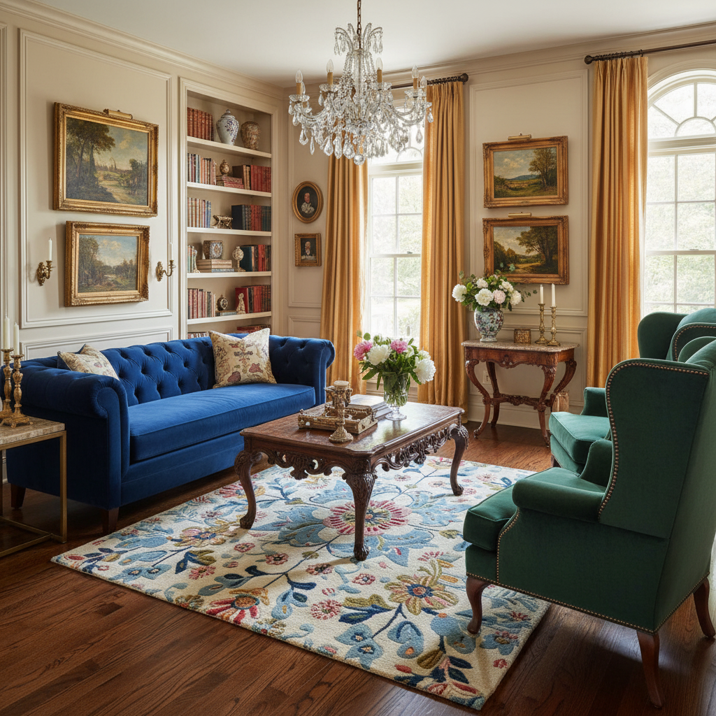 Luxurious living room with a blue sofa, green armchair, and floral rug.