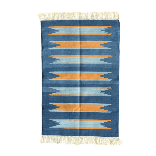 Handwoven Earth and Ocean Cotton Rug with Fringes