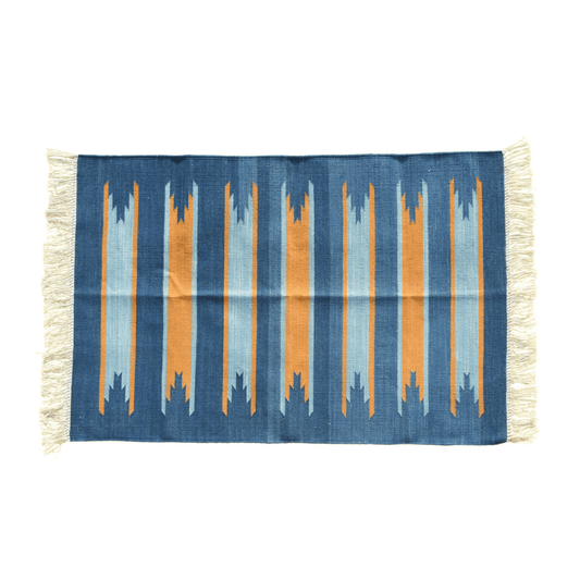 Handwoven Earth and Ocean Cotton Rug with Fringes