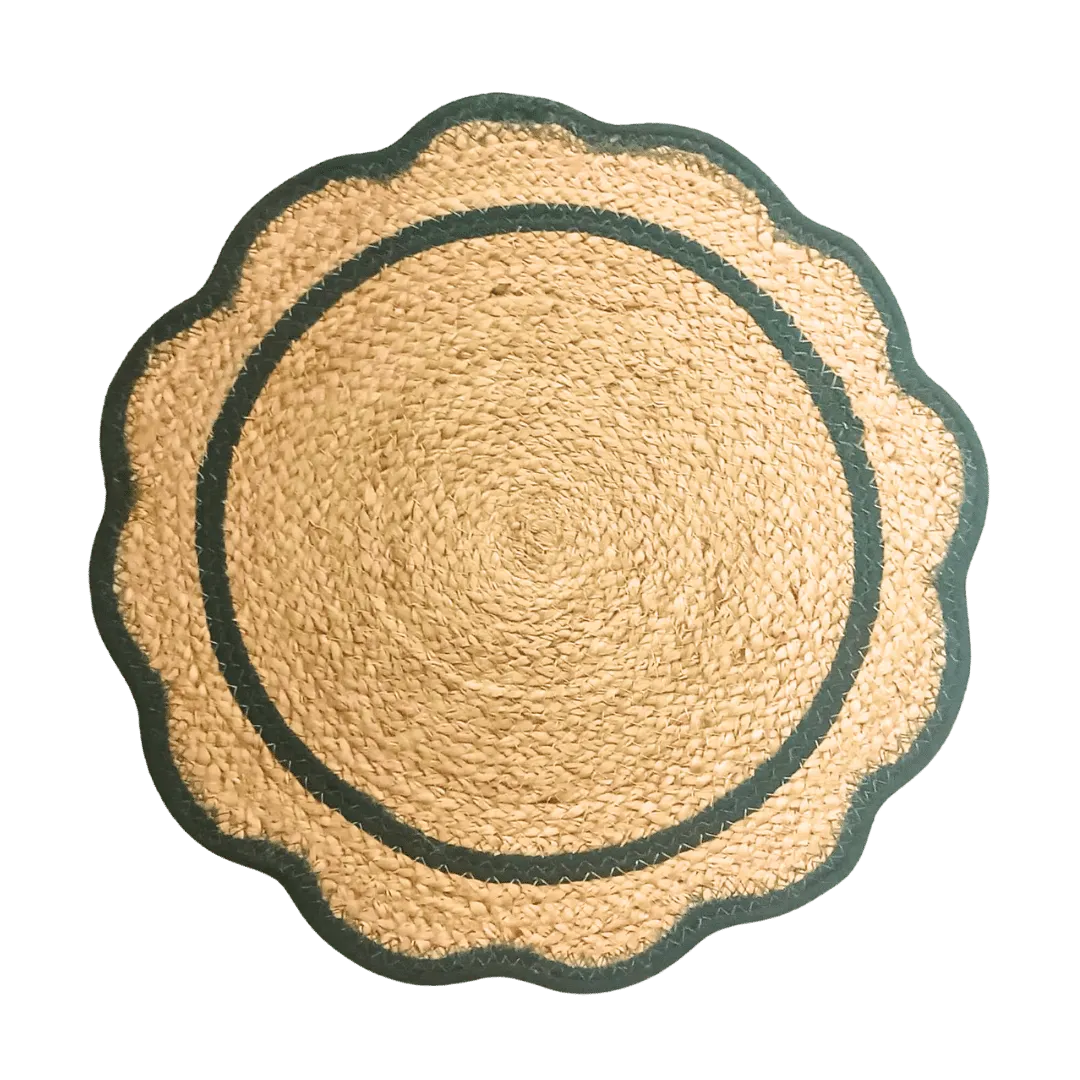 Green Cotton Scalloped Jute Round Placemats - Set of 10