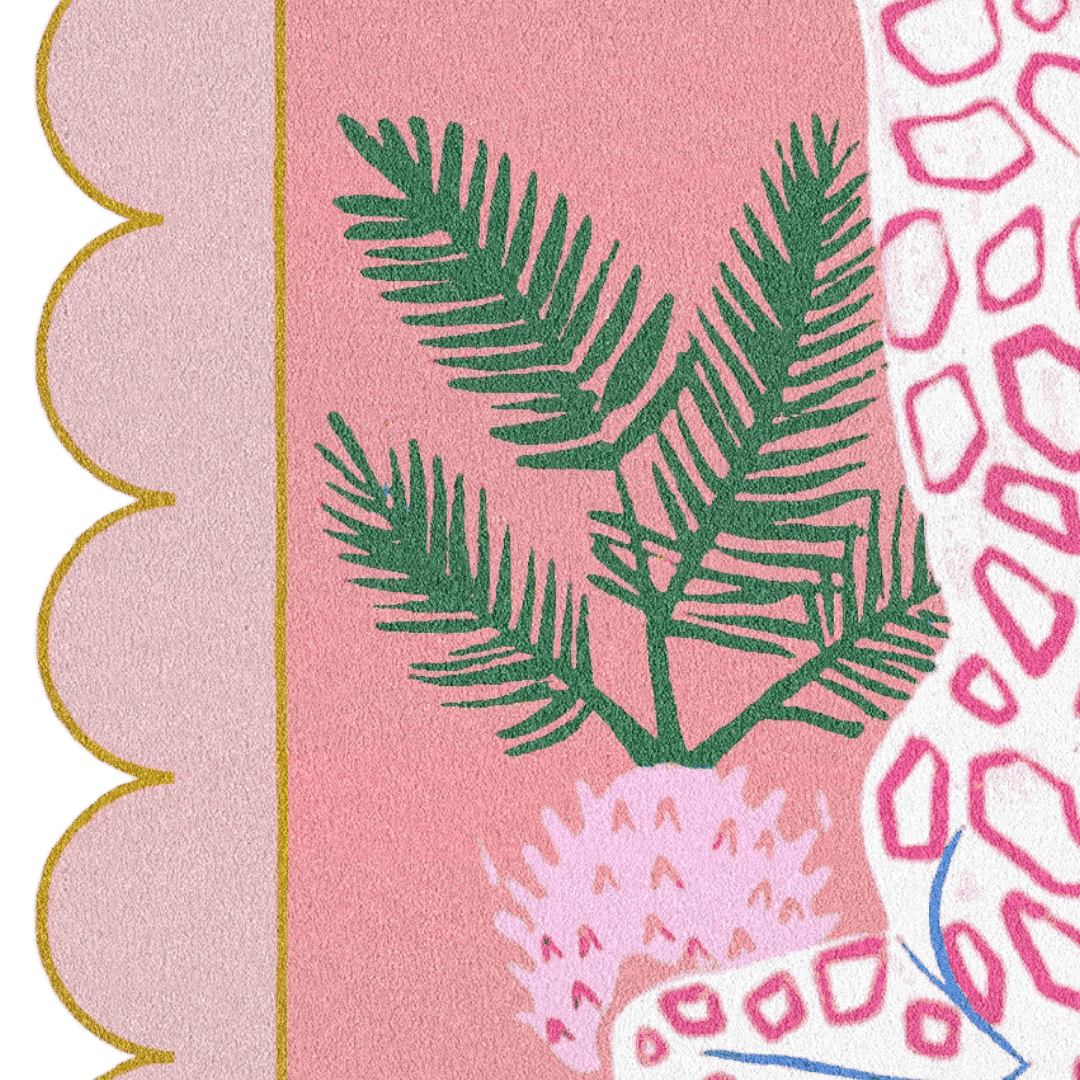 Elevate your living space with the whimsical charm of the Pink White Giraffe Tropic Scallop Hand-Tufted Rug. Meticulously crafted, this rug features a playful design incorporating pink and white giraffes amidst tropic-inspired scallop patterns. Hand-tufted with precision, the rug is soft to the touch and durable.