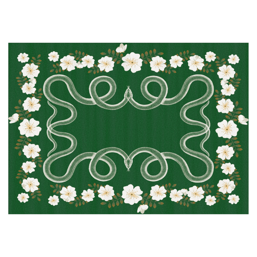 The White Flowers and Snakes Hand Tufted Rug in Green is a captivating and unique piece that adds a touch of nature-inspired artistry to your living space. This hand-tufted rug features a design that combines the delicate beauty of white flowers with the intriguing presence of snakes, all set against a lush green background.