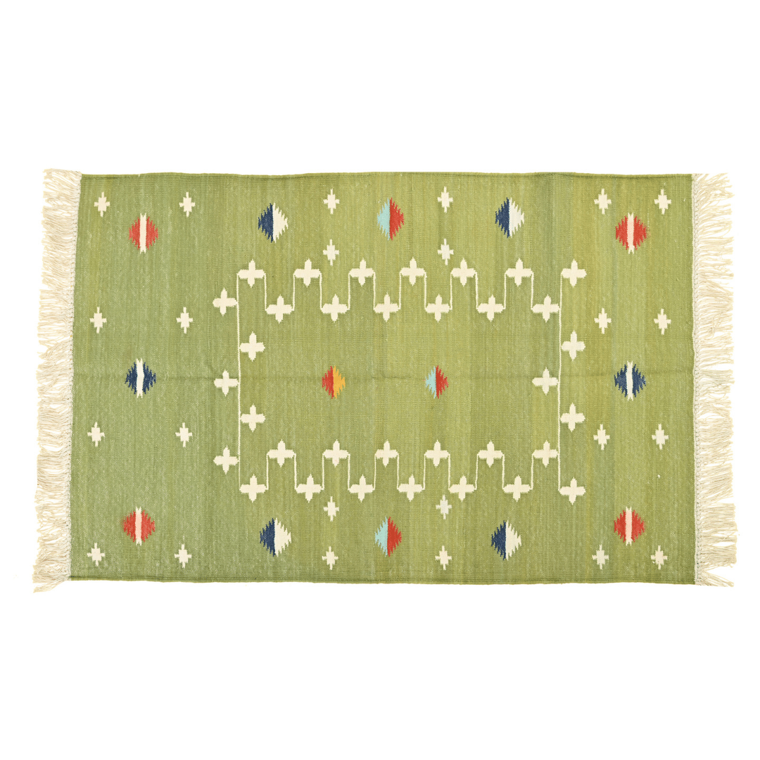 Handwoven Light Green Patterned Cotton Rug with Fringes