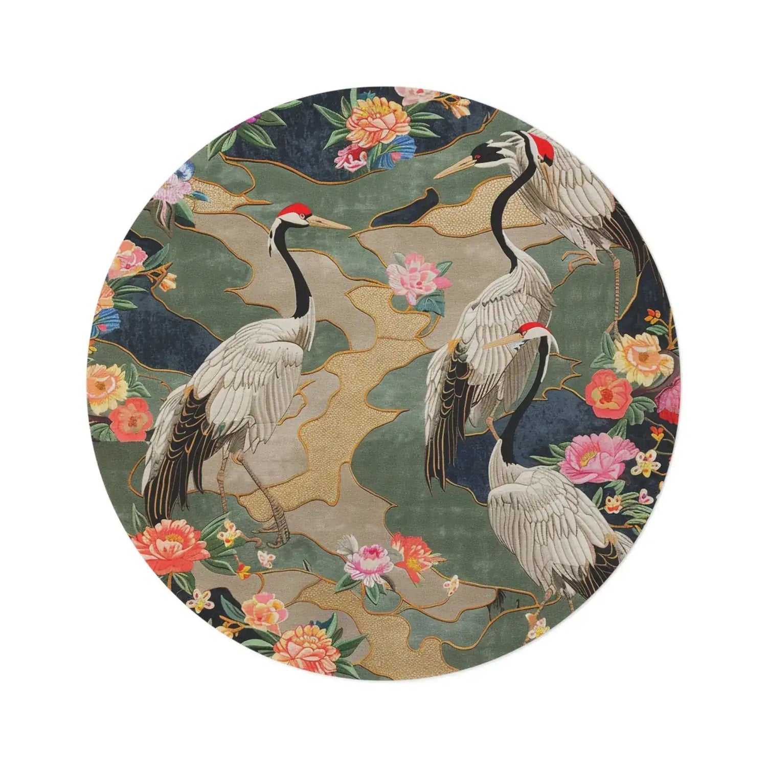 Round decorative mat with crane and floral design on a white background
