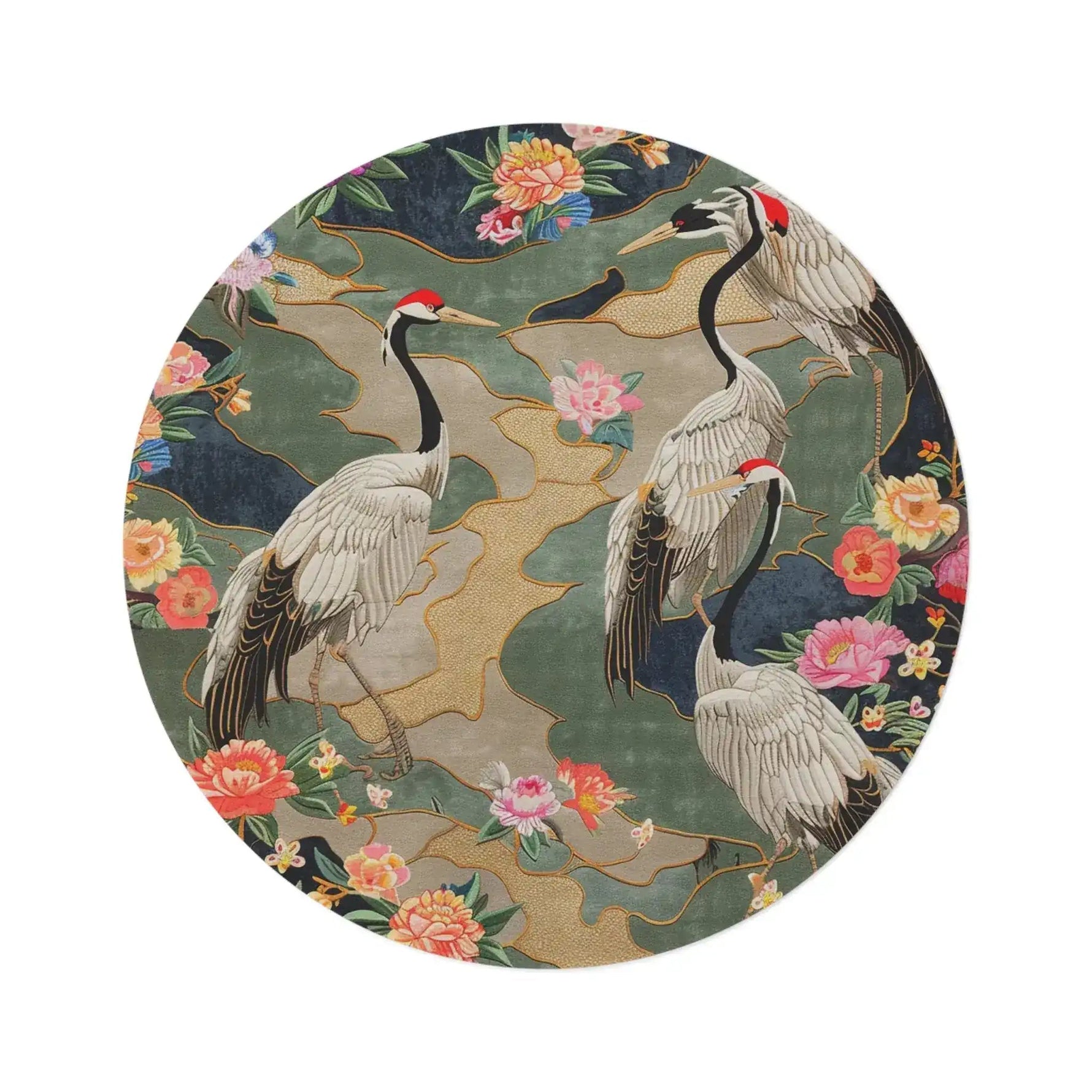 Round decorative mat with crane and floral design on a white background