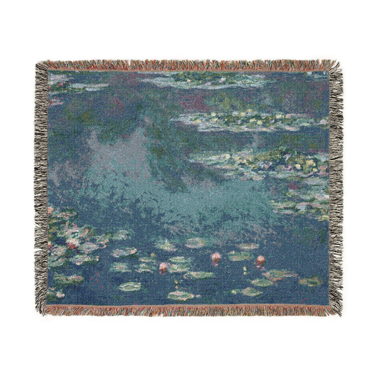 A woven throw blanket featuring a water lily pond scene in muted blue, green, and purple tones, finished with fringed edges.